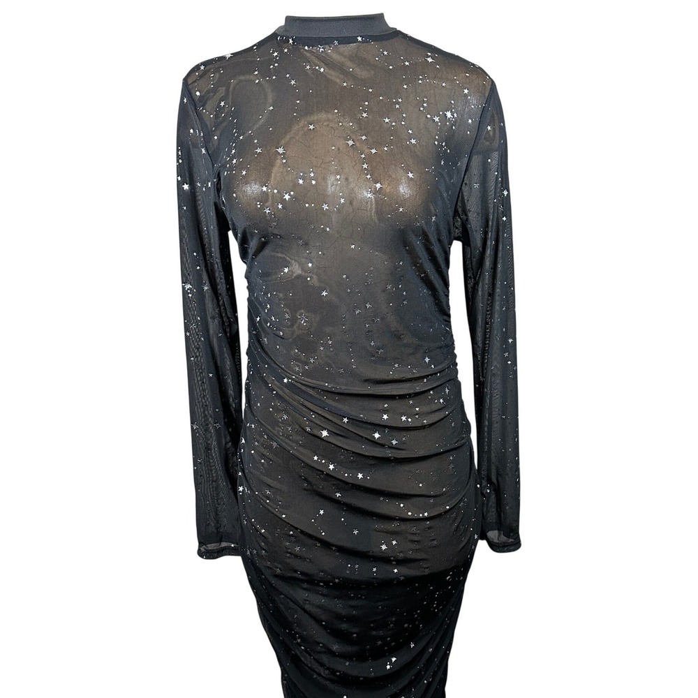 Celestial Black Sheer Mesh Star Print Mock Neck Ruched Bodycon Midi‎ Dress Layer